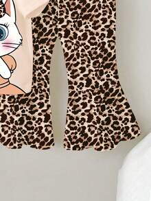 一套女婴可爱猫咪豹纹爱心图案T恤和针织喇叭裤套装，豹纹T恤套装，卡通小猫印花服装，春夏款 - 彩色 - 查看 4