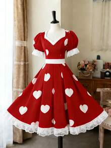 Sweetra Plus Size Heart & Diamond Decor Square Neck Short Sleeve Patchwork Ruffle Hem A-Line Belted Dress - Multicolor - View 11