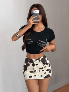 SHEIN PETITE 夏季娇小款女士休闲牛仔裙，性感度假风奶牛印花修身牛仔裙，全身印花，斜插口袋 - 黑與白 - 查看 6