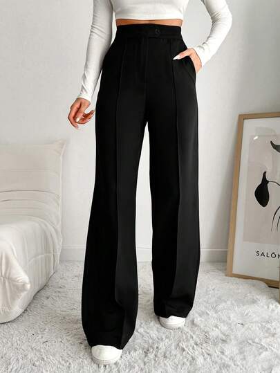 EURMUSE Women's Solid Color High Waist Pockets Casual Versatile Daily Commute Wide Leg Pants