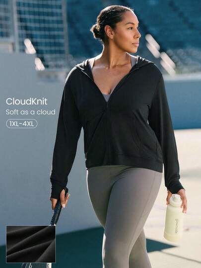 GLOWMODE 大码 CloudKnit City Chill 修身侧袋弹性袖口拉链连帽夹克，日常休闲街头风