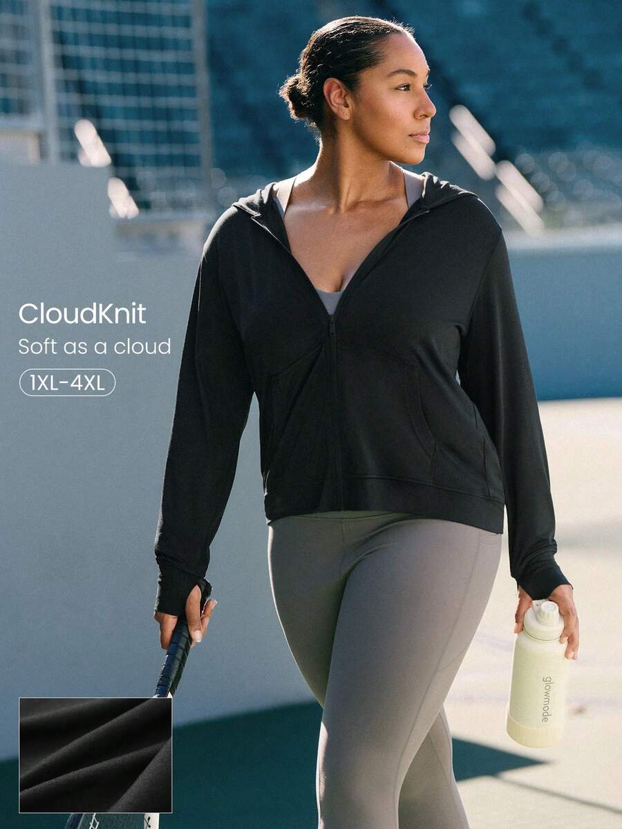 GLOWMODE 大码 CloudKnit City Chill 修身侧袋弹性袖口拉链连帽夹克，日常休闲街头风 - 黑色 - 查看 1