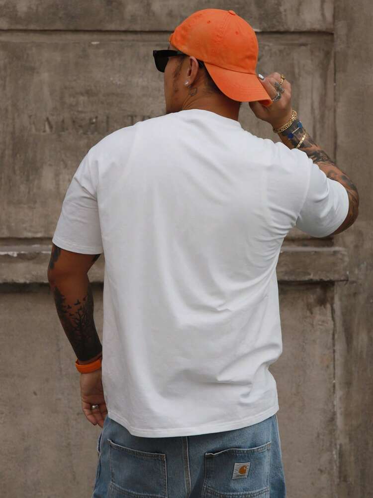 Men's Short Sleeve White Crew Neck Pocket Letter Print T-Shirt, Summer