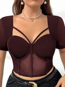 Firerie Elegantes, hochwertiges Top in Große Größen für den Arbeitsweg, Nachmittags-Tee, leicht sexy für Dates, Musikkonzerte und Partys. Schwarzes Mesh-Design mit Spitze und Schnürung. Geeignet für Urlaub, Neujahr, Partys und elegante Büro-Looks. - Kaffeebraun - Übersicht 3