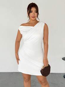 Firerie Plus Size Women's Elegant White Summer Dress, Minimalist Chic Party Daily Commute Vacation Asymmetric Neck Draped A-Line Mini Dress - White - View 5