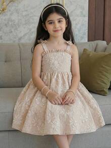 SHEIN Young Girl Sweet & Cute Jacquard Sleeveless Princess Dress - Khaki - View 7