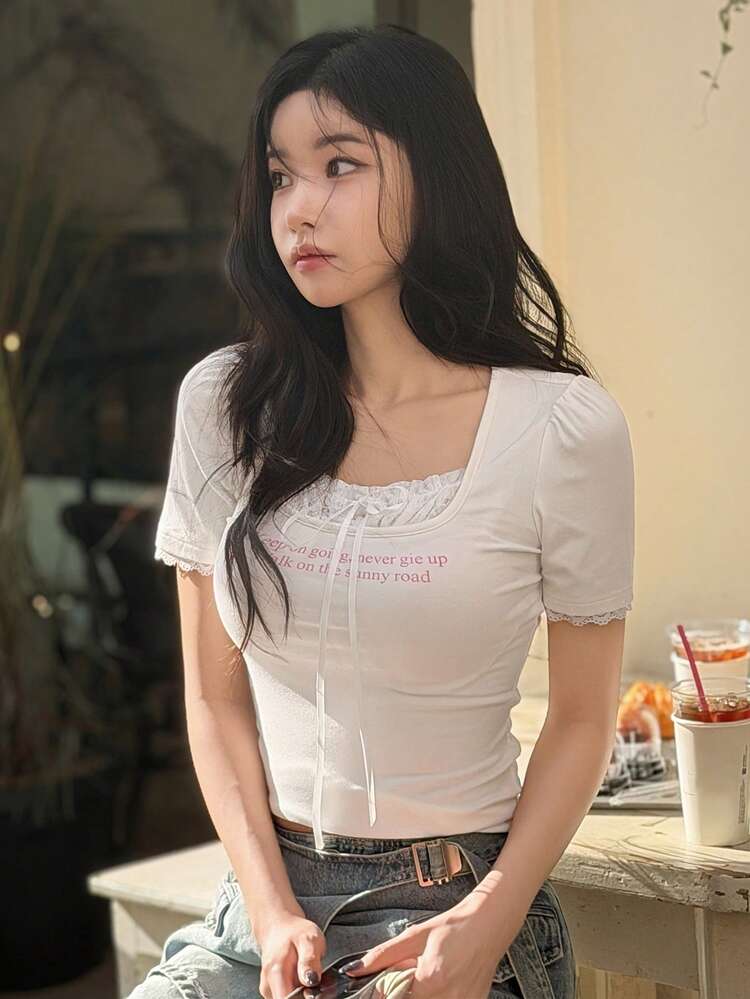 Women's Summer Street Lace Patchwork Bow Ribbon Letter Print Slim Fit Short Sleeve T-Shirt Top Babydoll Top