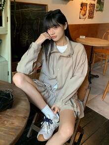 DAZY Bộ đồ nữ ngọt ngào và thường ngày 2 món, gồm áo khoác ngắn tay dài, eo chun có nơ trang trí và chân váy ngắn. - màu xanh lá - Xem 6