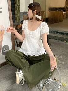 DAZY Women's Korean Style Delicate Summer Puff Sleeve Short Sleeve Slim Fit Blouse - White - View 6