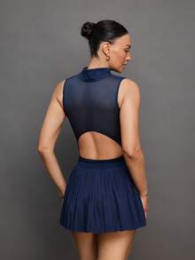 Activina 女士字母印花拉链露背镂空运动连衣裙 - 藍色 - 查看 2