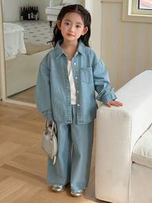 Dazy Kids 年轻女孩落肩长袖单排扣牛仔衬衫搭配牛仔裤休闲装 - 藍色 - 查看 7