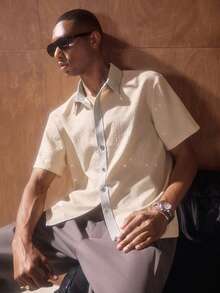 AKNOTIC Business Casual 男士蓝色花卉提花休闲宽松短袖Polo衫，适合夏季、度假、日常搭配、派对、情侣装，男士礼物；香槟色男士衬衫；奶油色男士衬衫；男士装饰衬衫；米色男士衬衫 - 杏色 - 查看 4