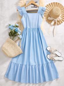 ChillGRL 春夏少女休闲优雅度假风荷叶边领纽扣拼接连衣裙，适合日常通勤、休闲、度假、海滩、用餐等场合。 - 藍色 - 查看 2