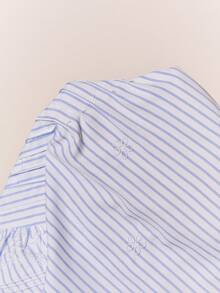 Poéselle 女士圆领短袖荷叶边褶皱条纹蕾丝边衬衫 - 藍色 - 查看 11