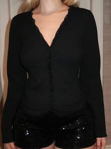 Turnttoni 女士蕾丝荷叶边修身开衫长袖上衣 - 黑色 - 查看 3