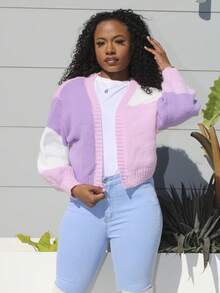 Steph T 宽松休闲短款开衫，前开襟，长袖上衣 - 彩色 - 查看 6