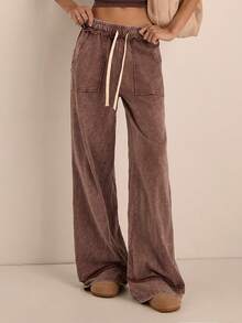 Easelle Dark Brown Solid Color Drawstring Waist Loose Casual Pants, Washed Long Pants With Snowflake Pattern - Brown - View 5