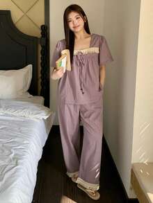 Dazy Plus 大码女式撞色蕾丝宽松圆领上衣和裤子睡衣套装，春夏款 - 紫色 - 查看 4