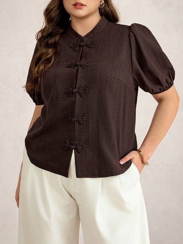 Plus Size Women Solid Color Casual Chinese Style Button-Up Brown Blouse Casual Beach Vacation Holiday Casual Blouse For Women Graduation For Mother Going Out Plus Size Button Down Shirt Curve Blouse Coffee Brown Top, Going Out Tops - Brown - View 4