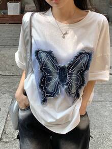 DAZY 女士夏季美式风格毛边蝴蝶贴片宽松休闲独特设计T恤 - 白色 - 查看 5