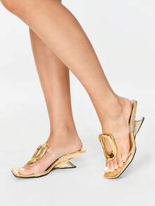 Glitzique 欧美风格方扣坡跟露趾凉鞋，时尚一脚蹬高跟穆勒鞋，适合夏季穿着 - 金色 - 查看 2