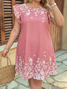 SHEIN VCAY Đầm cỡ lớn in hoa tay ngắn, kiểu dáng thường ngày, thích hợp cho kỳ nghỉ. - Hồng - Xem 5