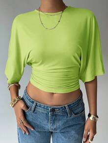 Aloruh Solid Color Batwing Sleeve Cropped Short Sleeve Top, Fitted, Versatile For Summer - Green - View 3