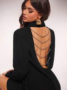Radiana Sexy Black Plain Thigh Length Blazer Dress For Women Featuring Open Back With Chain Details And Lapel Collar Backless - Black - View 6