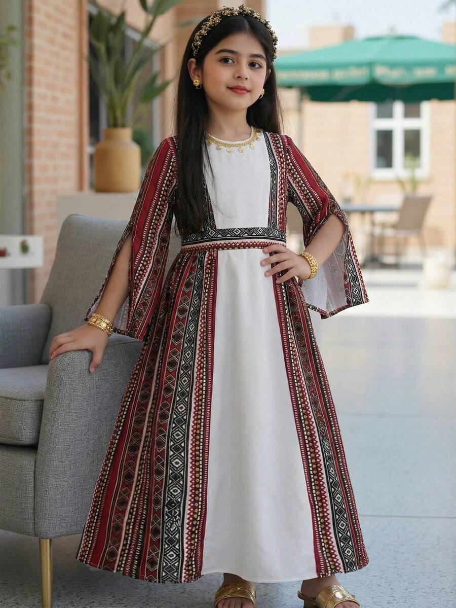 SHEIN Tween Girl White Autumn Boho Birthday Striped Patchwork Long Sleeve Waist Cinched Dress, Wine Red Arabic Modest Abaya Dress For Tween Girl, Countryside Style - Red - View 1