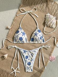 Swim Basics 2pcs Sequin Textured Halter Bikini Top And Side Tie Bottoms, Beach Swimwear Set With Ocean Elements, Spring/Summer Boho Bikini Set Seashell Bikini Pattern Bikini Starfish Bikini Sea Shell Bikini - Multicolor - View 2