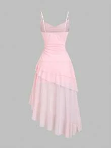 Sweetra Elegant French Style Romantic Ruffled Hem Fitted Casual Dress With Metal Buttons, Suitable For Dates, Vacation, Pink - Pink - View 2