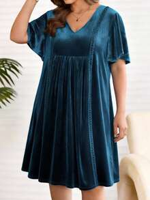 EMERY ROSE Plus Size Women's Summer Elegant Dinner Dress,Light Teal V-Neck Ruffle Sleeve Lace & Velvet Patchwork Viscose Casual Vacation Outfits For Women - Blue - View 3