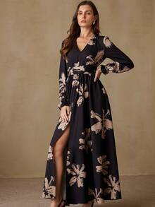 EMERY ROSE Elegant Women's Minimalist Contrast Color Print V-Neck Waist Flared Long Sleeve Dress - Multicolor - View 4