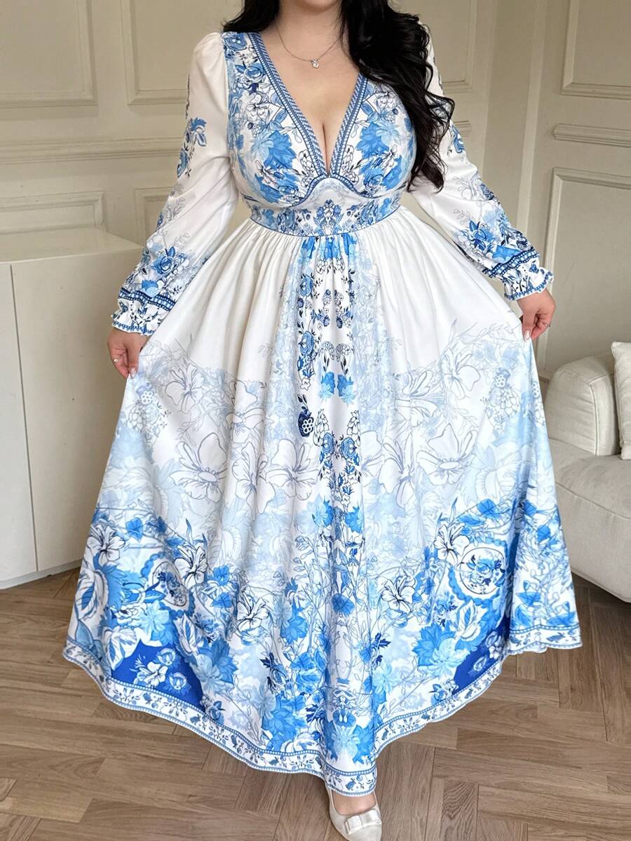 Flirla Abito lungo a-line casual elegante e vintage con scollo a v, stampa in stile porcellana blu e bianco, adatto a donne taglie forti - Blu e Bianco - Visualizzare 1