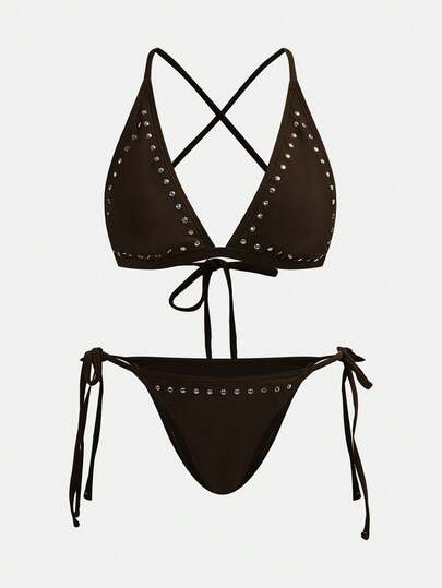 Maija Women's Solid Color Rivet Decor Backless Bikini Set