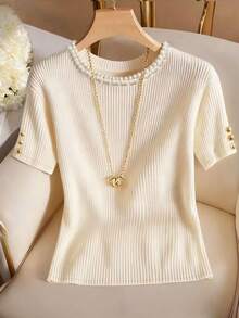 Franclia 优雅纯色珍珠纹理面料短袖T恤，简约时尚针织上衣 - 杏色 - 查看 5