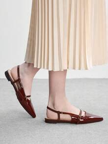 CUCCOO BIZCHIC 女士尖头漆皮棕色简约休闲通勤优雅时尚后带套脚平底鞋 - 棕色 - 查看 3