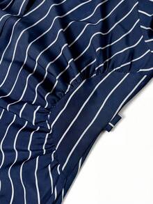 Elenzga Plus Size Elegant Striped Waist Ruched Shirt Dress - Navy Blue - View 8