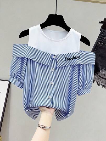 GlowEve 时尚新款夏季设计拼接条纹镂空肩部刺绣优雅休闲短袖女式衬衫