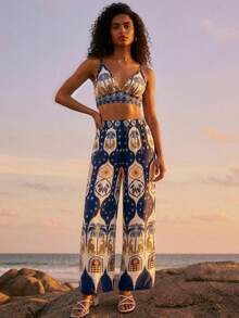 CAJUNI Set di canotta corta e pantaloncini con stampa di palme, adatto per vacanze - Multicolore - Visualizzare 7