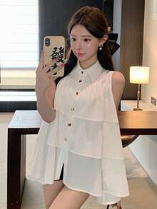 FRIFUL Blusa de verano para mujer de corte regular con cuello de solapa, botones metálicos decorativos, holgada delantera, volantes multicapa y patchwork de unicolor - Blanco - Ver 9