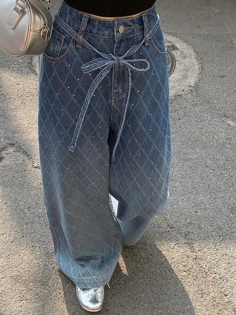 DAZY 女士格子水钻做旧系带休闲牛仔裤 - 藍色 - 查看 1