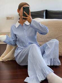 DAZY Women's Contrast Color Collar Patchwork Polka Dot Fabric Ruffle Trim Pajama Set - Blue - View 7