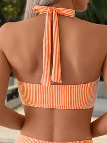 Swim Mod Springbreak Women's Summer Beach Striped Random Print Criss-Cross Back Tie Top And Patchwork Bikini Bottom 2-Piece Swimwear - Multicolor - View 4