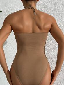 Swim Vcay Maiô tomara que caia marrom com estampa de estrela-do-mar e conchas, peça única, elegante e perfeito para resorts. - Castanho - Ver 2