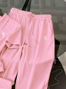 Resyla Embroidered Minimalist Polo Collar T-Shirt + Pants Set, Gift For Friends - Dusty Pink - View 4