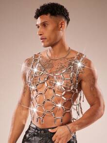 FeverCity Men's Hollow Out Rhinestone Patchwork Tank Top - Silver - View 1