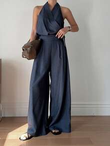 DAZY Women's V-Neck Sleeveless Side Tie Elegant City Casual Loose Jumpsuit - Blue - View 3