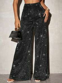 SHEIN PETITE 女士休闲亮面针织高腰阔腿裤 - 黑色 - 查看 9