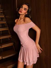 Modelyn 女士粉色网纱露肩荷叶边金属扣装饰性感紧身派对连衣裙 - 粉色 - 查看 5